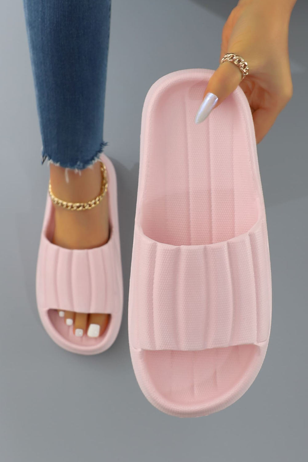 BH022533-10-37, BH022533-10-39, BH022533-10-41, BH022533-10-38, BH022533-10-40, Pink Slides for Women Open Toe Ribbed Slip-On Shower Slippers Indoor & Outdoor Sandals