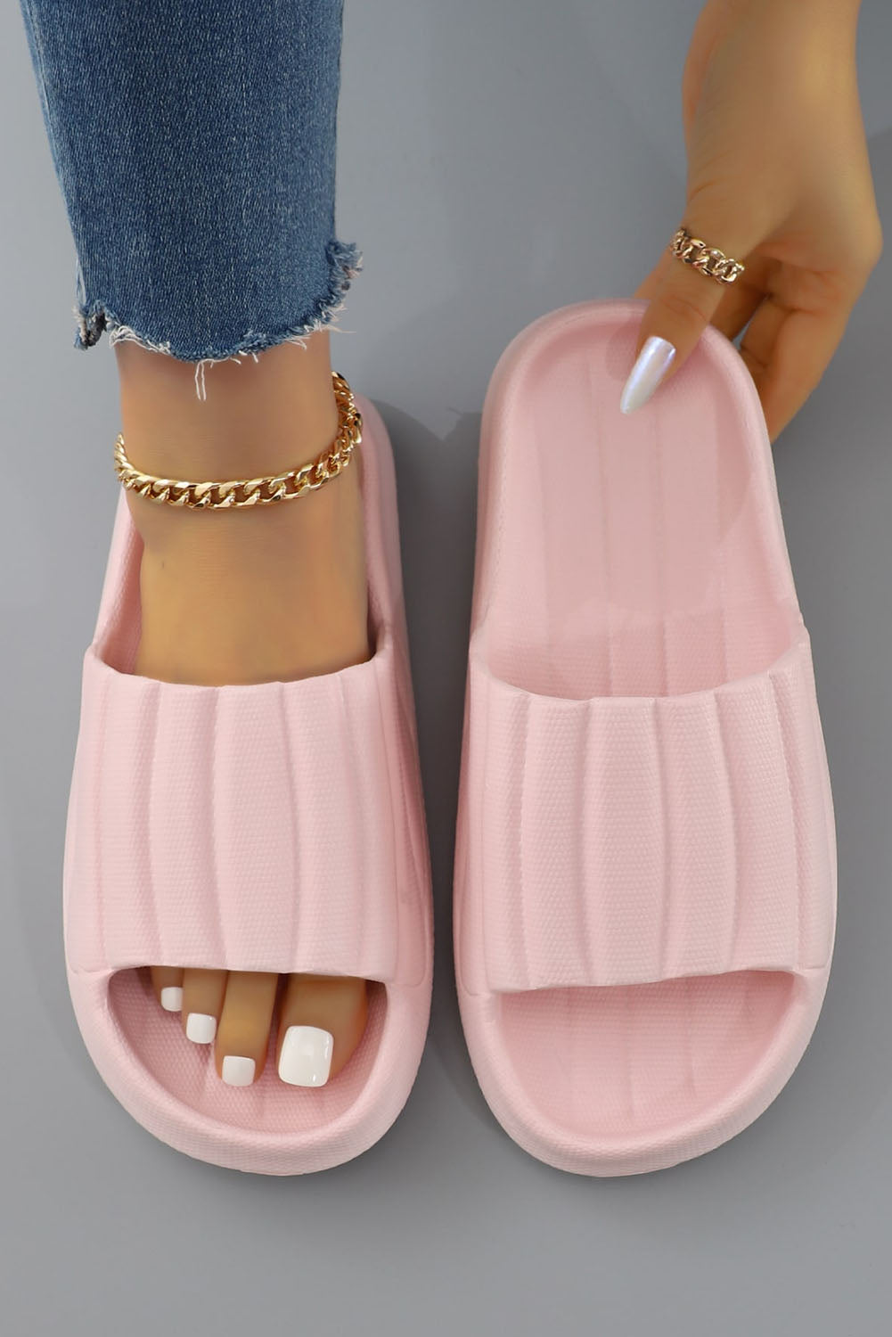 BH022533-10-37, BH022533-10-39, BH022533-10-41, BH022533-10-38, BH022533-10-40, Pink Slides for Women Open Toe Ribbed Slip-On Shower Slippers Indoor & Outdoor Sandals