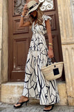 LC6115406-1-S, LC6115406-1-M, LC6115406-1-L, LC6115406-1-XL, White Abstract Vein Print V Neck Ruffle Maxi Dress