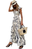 LC6115406-1-S, LC6115406-1-M, LC6115406-1-L, LC6115406-1-XL, White Abstract Vein Print V Neck Ruffle Maxi Dress