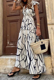LC6115406-1-S, LC6115406-1-M, LC6115406-1-L, LC6115406-1-XL, White Abstract Vein Print V Neck Ruffle Maxi Dress