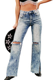 Women's Mid Waist Straight Leg Jeans Vintage Distressed Denim Pants with Split Hem