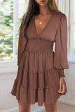 LC6115716-17-S, LC6115716-17-M, LC6115716-17-L, LC6115716-17-XL, Brown Frill Smocked Detail Sheer Long Sleeve Dress