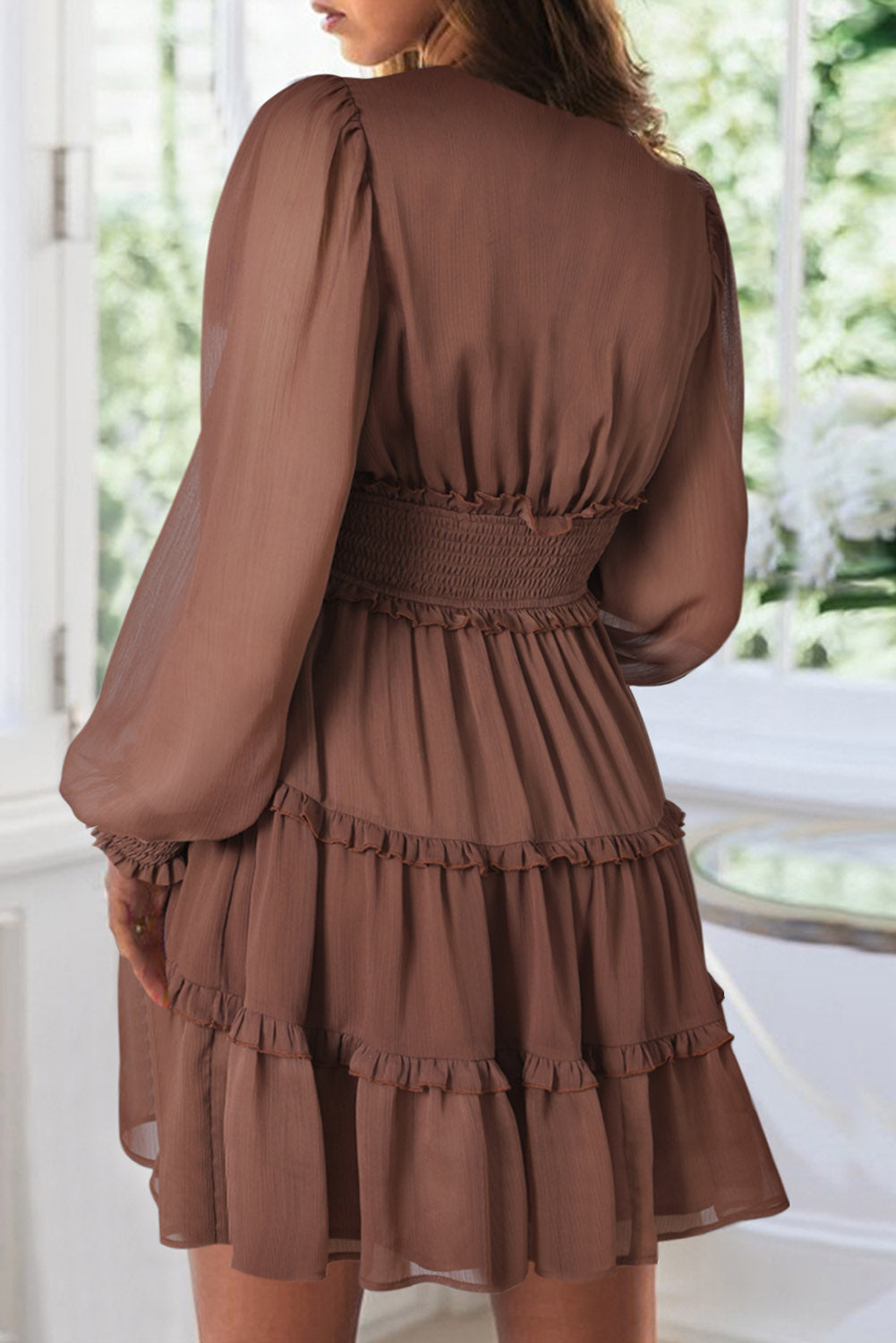 LC6115716-17-S, LC6115716-17-M, LC6115716-17-L, LC6115716-17-XL, Brown Frill Smocked Detail Sheer Long Sleeve Dress