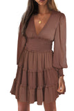 LC6115716-17-S, LC6115716-17-M, LC6115716-17-L, LC6115716-17-XL, Brown Frill Smocked Detail Sheer Long Sleeve Dress