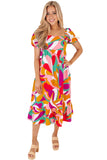 Women's Short Puff Sleeves Square Neck Flowy Midi Dress High Waist Summer Dress