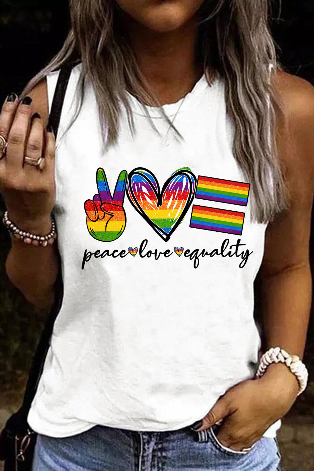 LC2569355-1-S, LC2569355-1-M, LC2569355-1-L, LC2569355-1-XL, LC2569355-1-2XL, White Women Rainbow LGBT Peace Love Equality Tank Tops Gay Pride Sleeveless Shirt