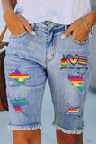Women Rainbow Peace Love Equality Frayed Ripped Bermuda Shorts Distressed Denim Jeans Short