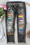 Women's Rainbow Striped Denim Pants Ripped Boyfriend Jeans