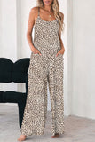 LC6412095-16-S, LC6412095-16-M, LC6412095-16-L, LC6412095-16-XL, Khaki Leopard Print Wide Leg Spaghetti Straps Jumpsuit