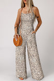 LC6412095-16-S, LC6412095-16-M, LC6412095-16-L, LC6412095-16-XL, Khaki Leopard Print Wide Leg Spaghetti Straps Jumpsuit