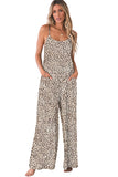 LC6412095-16-S, LC6412095-16-M, LC6412095-16-L, LC6412095-16-XL, Khaki Leopard Print Wide Leg Spaghetti Straps Jumpsuit