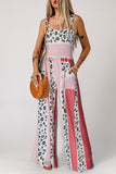 LC6411870-3-S, LC6411870-3-M, LC6411870-3-L, LC6411870-3-XL, Red Leopard Color Block Mix Print Pocketed Jumpsuit