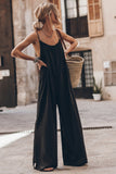LC6412172-2-S, LC6412172-2-M, LC6412172-2-L, LC6412172-2-XL, Black Frilled Neckline Backless Wide Leg Jumpsuit