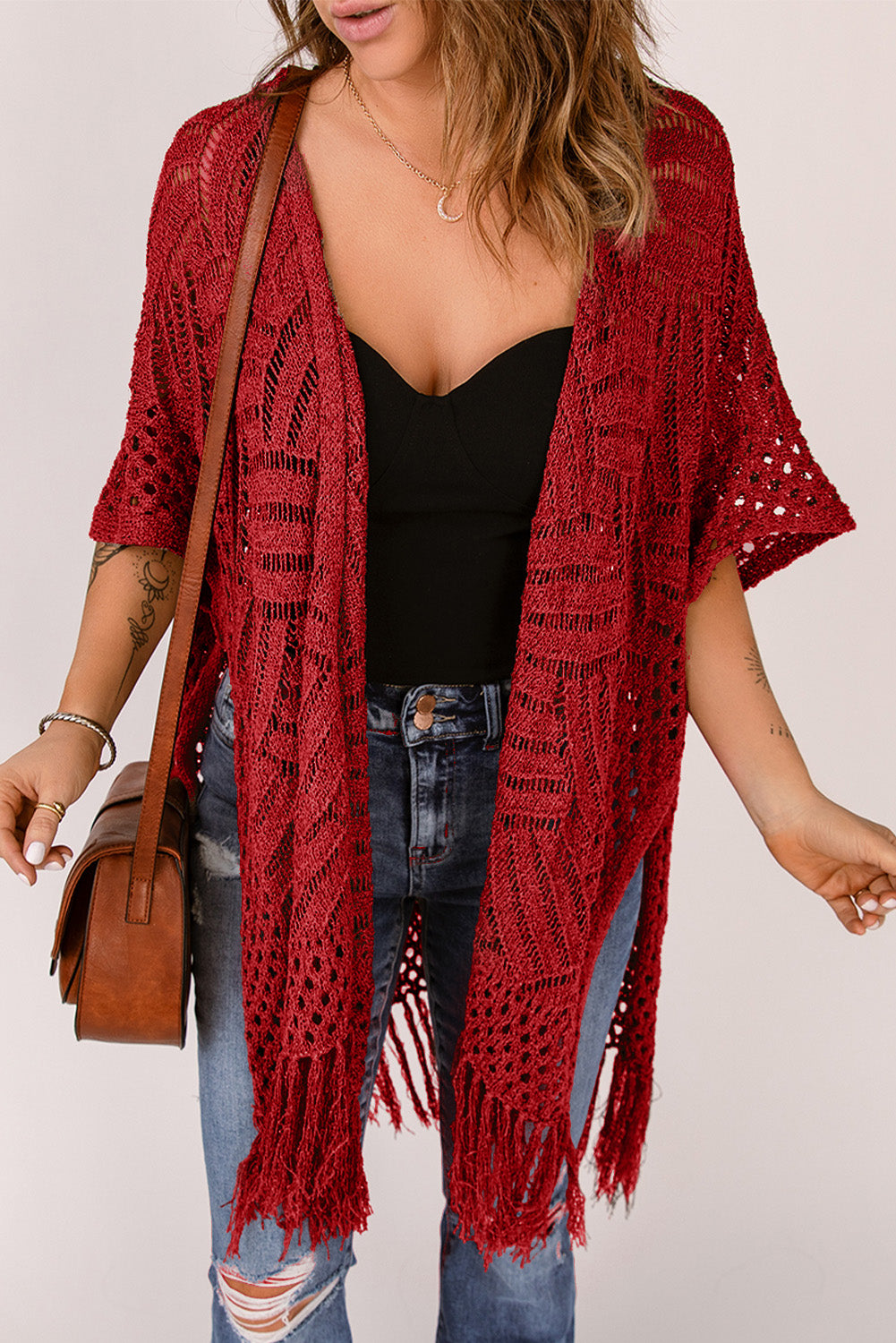 LC2541328-3, Red Loose Knitwear Kimono with Slits
