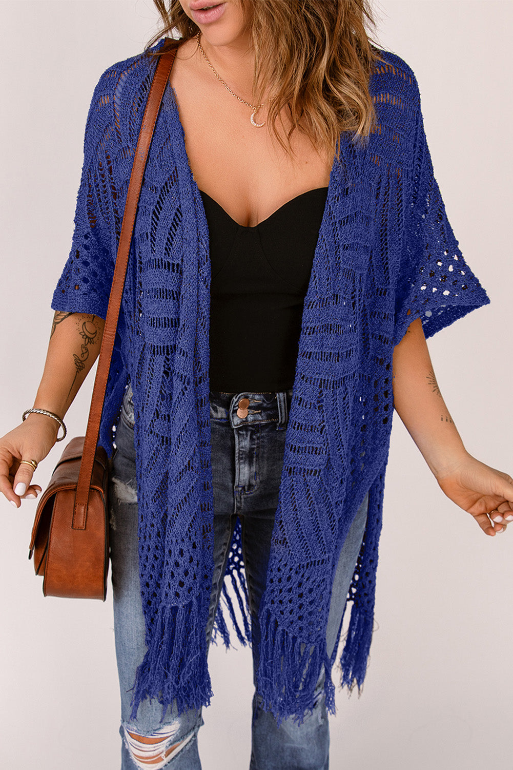 LC2541328-5, Blue Loose Knitwear Kimono with Slits