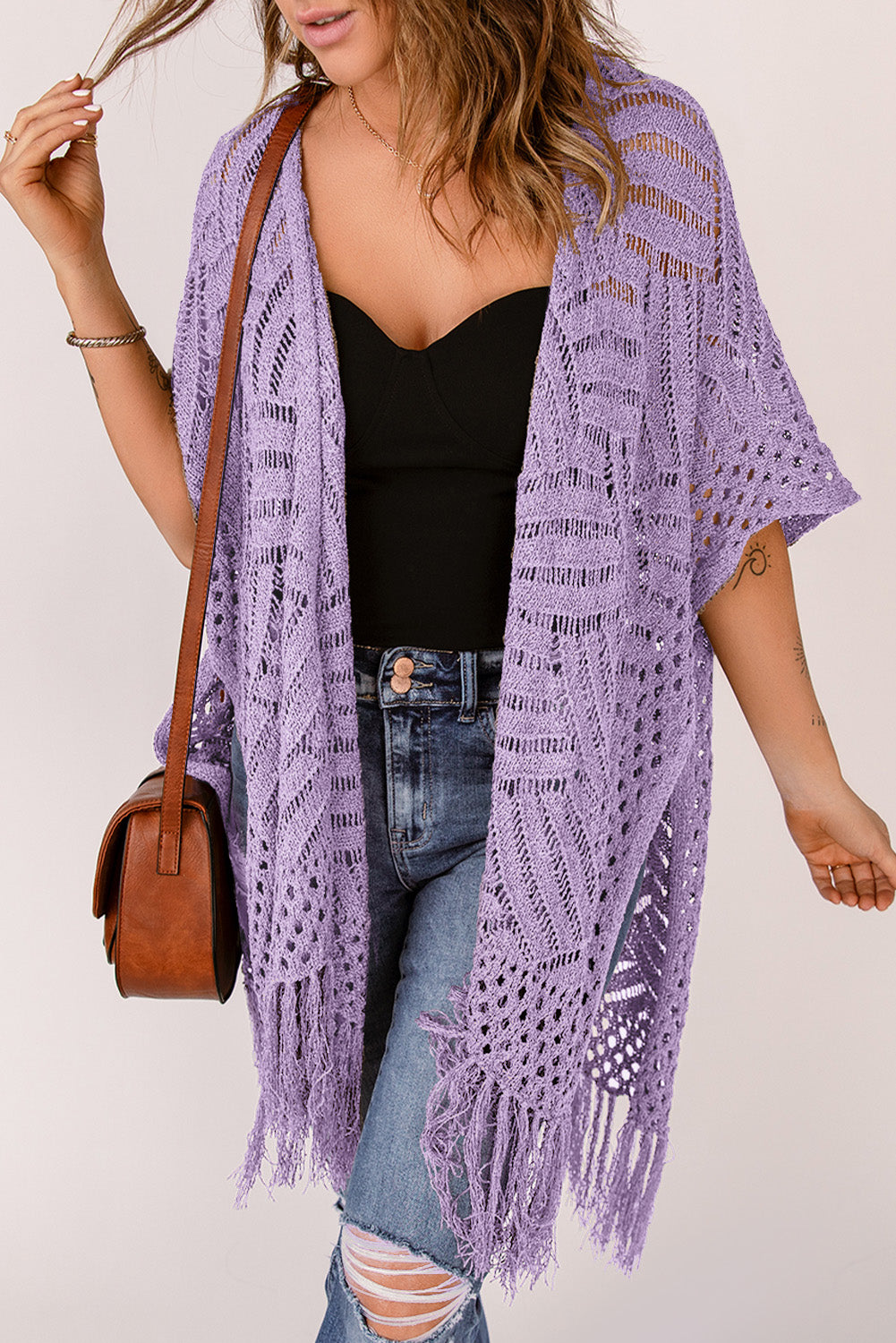 LC2541328-8, Purple Loose Knitwear Kimono with Slits