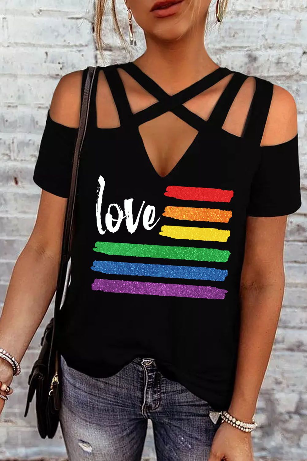 LC25121581-2-S, LC25121581-2-M, LC25121581-2-L, LC25121581-2-XL, LC25121581-2-2XL, Black Womens Summer Shirts Love Gay Pride Print Criss Cross Cold Shoulder Tops Blouse
