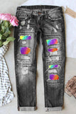 Women's Ombre Patchwork Destroyed Jeans Pride Boyfriend Denim Pants