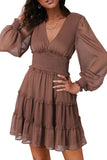 Women's Long Puff Sleeve Deep V Neck Tiered Mini Dress Frill Smocked Waist Dress