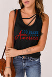 LC2569512-2-S, LC2569512-2-M, LC2569512-2-L, LC2569512-2-XL, LC2569512-2-2XL, Black Women's Scoop Neck Tee Tops Strappy Hollow-out God Bless America Graphic Tank Tops