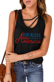 LC2569512-2-S, LC2569512-2-M, LC2569512-2-L, LC2569512-2-XL, LC2569512-2-2XL, Black Women's Scoop Neck Tee Tops Strappy Hollow-out God Bless America Graphic Tank Tops
