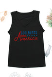 LC2569512-2-S, LC2569512-2-M, LC2569512-2-L, LC2569512-2-XL, LC2569512-2-2XL, Black Women's Scoop Neck Tee Tops Strappy Hollow-out God Bless America Graphic Tank Tops