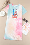 LC6116224-22-S, LC6116224-22-M, LC6116224-22-L, LC6116224-22-XL, Multicolor Patriotic Victory Amercian Flag Tie Dye Short Sleeve T Shirt Dress