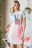 LC6116224-22-S, LC6116224-22-M, LC6116224-22-L, LC6116224-22-XL, Multicolor Patriotic Victory Amercian Flag Tie Dye Short Sleeve T Shirt Dress