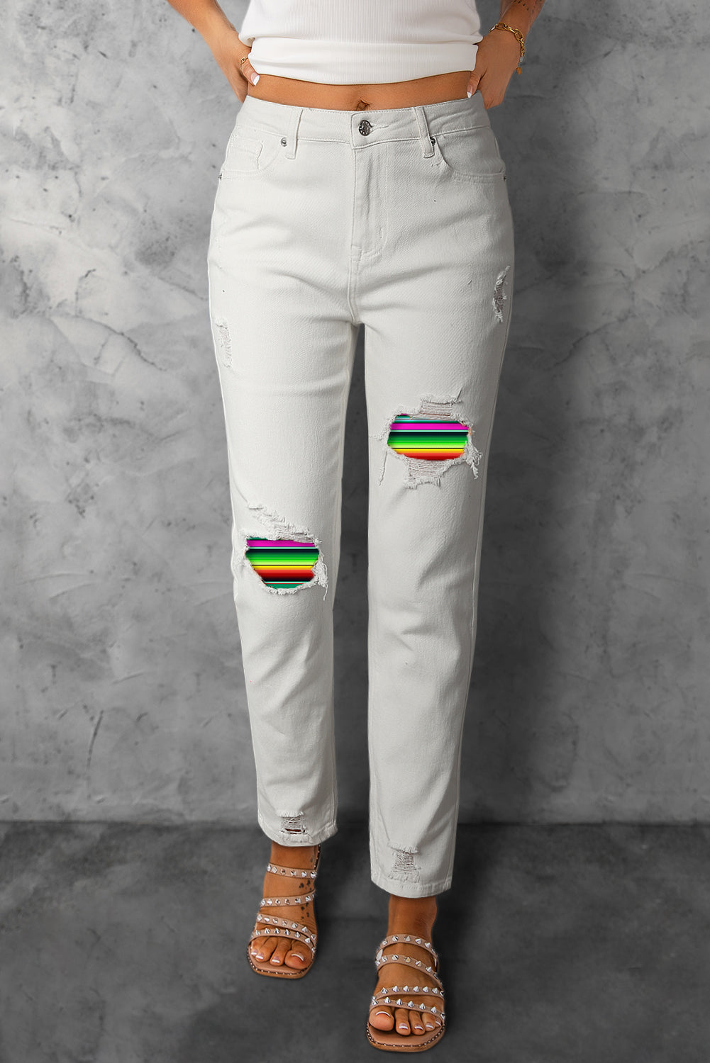 LC7873669-1-S, LC7873669-1-M, LC7873669-1-L, LC7873669-1-XL, LC7873669-1-2XL, White Women Pride Rainbow Print High Waist Skinny Ripped Jeans Destroyed Denim Pants