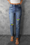 LC7873669-5-S, LC7873669-5-M, LC7873669-5-L, LC7873669-5-XL, LC7873669-5-2XL, Blue Women Pride Rainbow Print High Waist Skinny Ripped Jeans Destroyed Denim Pants