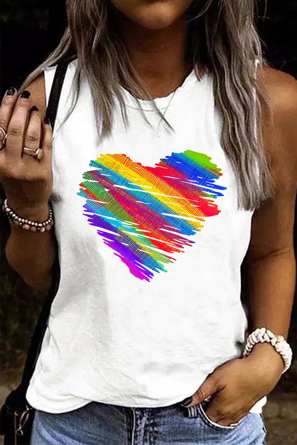 LC2569550-1-S, LC2569550-1-M, LC2569550-1-L, LC2569550-1-XL, LC2569550-1-2XL, White Womens Sleeveless Shirt Gay Pride Rainbow Heart Print Casual Tank Top