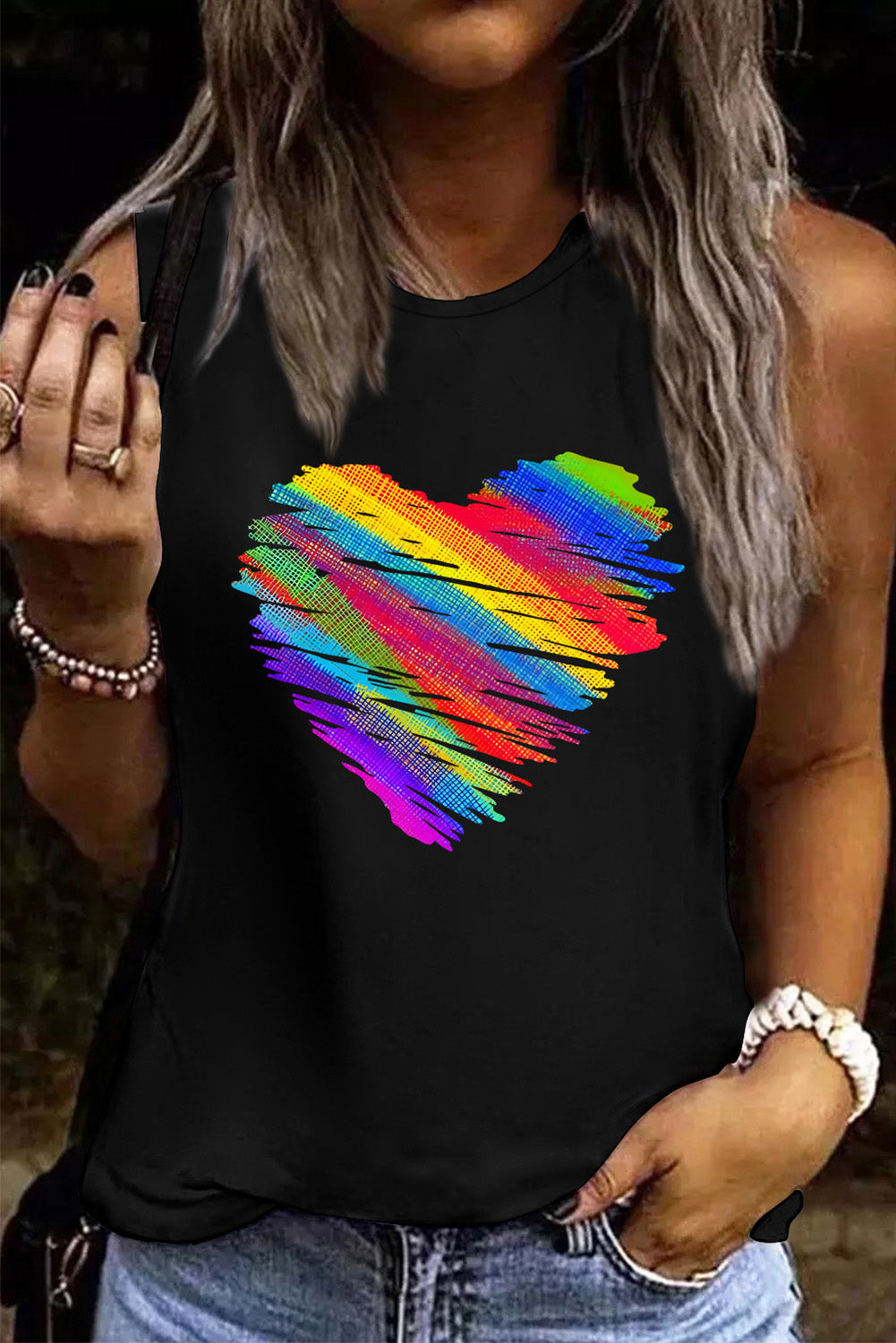 LC2569550-2-S, LC2569550-2-M, LC2569550-2-L, LC2569550-2-XL, LC2569550-2-2XL, Black Womens Sleeveless Shirt Gay Pride Rainbow Heart Print Casual Tank Top