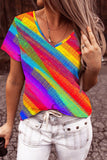 V Neck Short Sleeve Rainbow Print T Shirt for Women Pride Casual Summer Tops