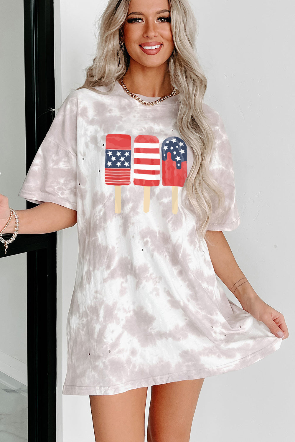 LC25221278-1-S, LC25221278-1-M, LC25221278-1-L, LC25221278-1-XL, White Women's American Flag Casual Oversize Tops Ice Pop Graphic Tie Dye Distressed T Shirt Dress