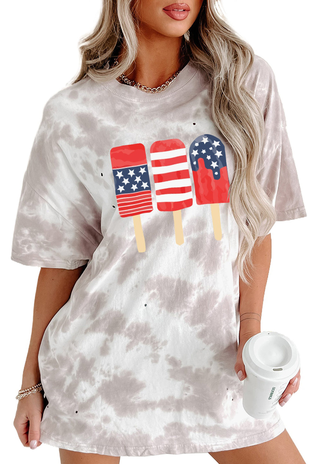 LC25221278-1-S, LC25221278-1-M, LC25221278-1-L, LC25221278-1-XL, White Women's American Flag Casual Oversize Tops Ice Pop Graphic Tie Dye Distressed T Shirt Dress