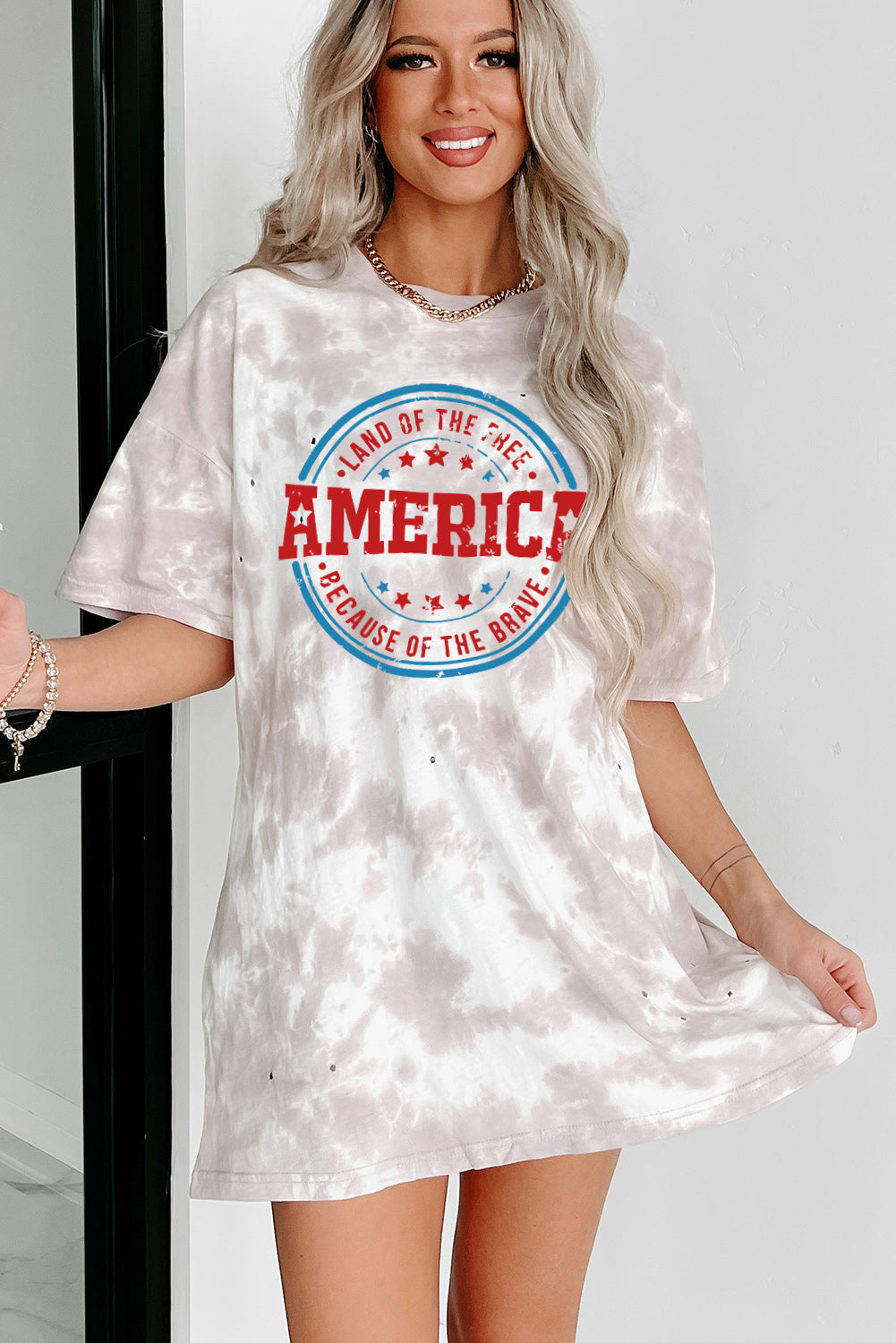LC25221279-1-S, LC25221279-1-M, LC25221279-1-L, LC25221279-1-XL, White Women's Summer Oversized Tie-dye America Graphic T-shirt Dress Tunic Tee Tops