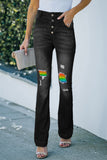 LC7873688-2-S, LC7873688-2-M, LC7873688-2-L, LC7873688-2-XL, LC7873688-2-2XL, Black Women's Rainbow Print Patchwork Destroyed Raw Hem Jeans Boyfriend Denim Pants