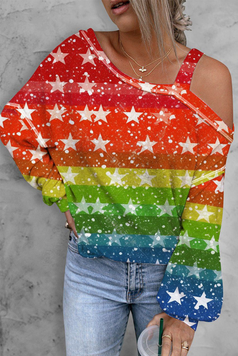 LC2569568-22-S, LC2569568-22-M, LC2569568-22-L, LC2569568-22-XL, LC2569568-22-2XL, Multicolor Womens Star Rainbow Striped Print Long Sleeve Cold Shoulder Shirt