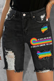 LC7873703-2-S, LC7873703-2-M, LC7873703-2-L, LC7873703-2-XL, LC7873703-2-2XL, Black Women's Ripped Denim Shorts Pride Month LGBT Bermuda Frayed Jean Shorts