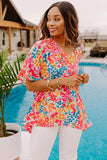 LC25121650-3-S, LC25121650-3-M, LC25121650-3-L, LC25121650-3-XL, Red Floral Print Loose Half Sleeve V Neck T Shirt