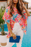LC25121650-3-S, LC25121650-3-M, LC25121650-3-L, LC25121650-3-XL, Red Floral Print Loose Half Sleeve V Neck T Shirt