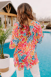 LC25121650-3-S, LC25121650-3-M, LC25121650-3-L, LC25121650-3-XL, Red Floral Print Loose Half Sleeve V Neck T Shirt
