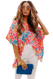 LC25121650-3-S, LC25121650-3-M, LC25121650-3-L, LC25121650-3-XL, Red Floral Print Loose Half Sleeve V Neck T Shirt