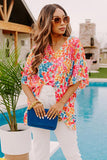 LC25121650-3-S, LC25121650-3-M, LC25121650-3-L, LC25121650-3-XL, Red Floral Print Loose Half Sleeve V Neck T Shirt
