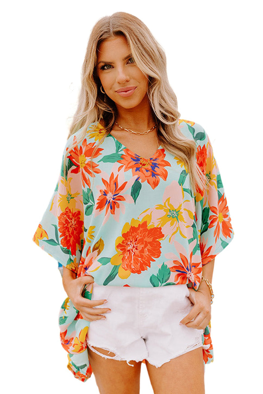 LC25121650-4-S, LC25121650-4-M, LC25121650-4-L, LC25121650-4-XL, Sky Blue Floral Print Loose Half Sleeve V Neck T Shirt