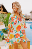 LC25121650-4-S, LC25121650-4-M, LC25121650-4-L, LC25121650-4-XL, Sky Blue Floral Print Loose Half Sleeve V Neck T Shirt