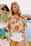LC25121650-4-S, LC25121650-4-M, LC25121650-4-L, LC25121650-4-XL, Sky Blue Floral Print Loose Half Sleeve V Neck T Shirt