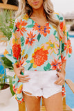 LC25121650-4-S, LC25121650-4-M, LC25121650-4-L, LC25121650-4-XL, Sky Blue Floral Print Loose Half Sleeve V Neck T Shirt
