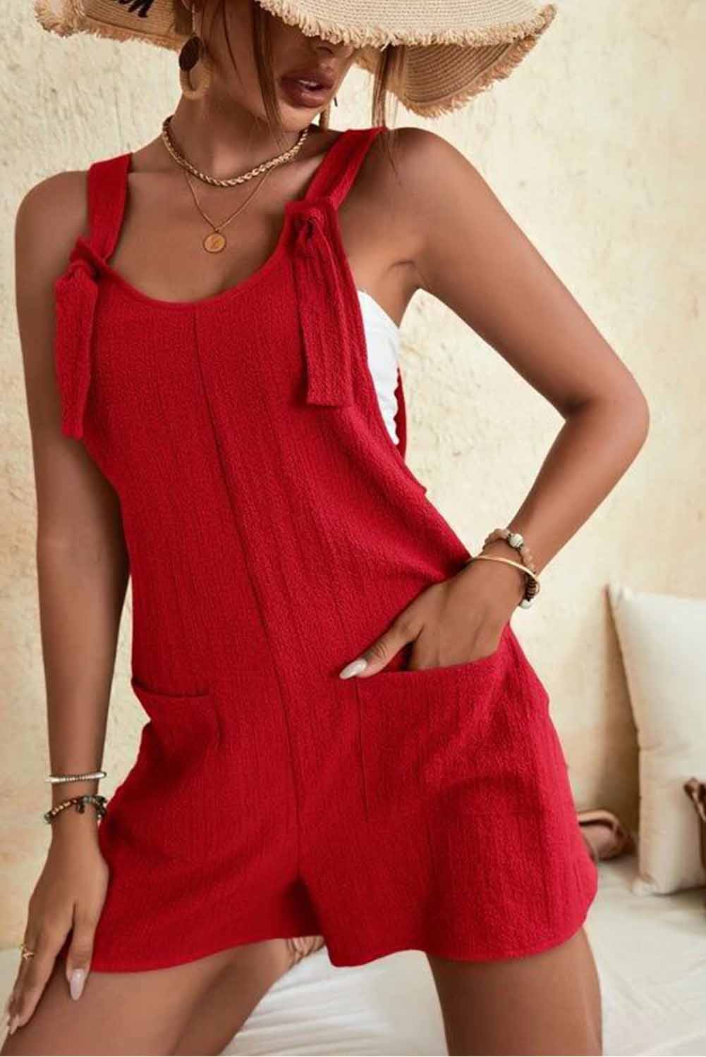 LC6412245-3-S, LC6412245-3-M, LC6412245-3-L, LC6412245-3-XL, LC6412245-3-2XL, Adjustable Straps Pocketed Textured Romper